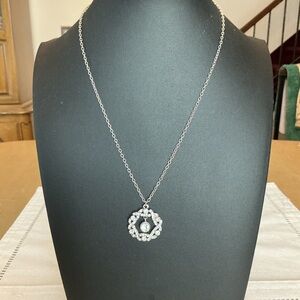 Rhinestone Holiday Wreath Silver Tone Pendant Necklace